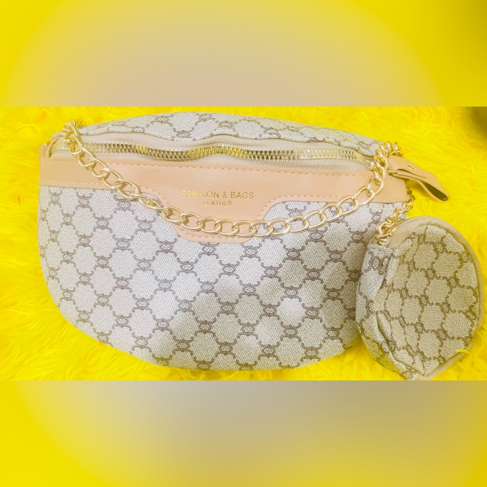 Beige Logo Chain-Accent Crossbody Bag
